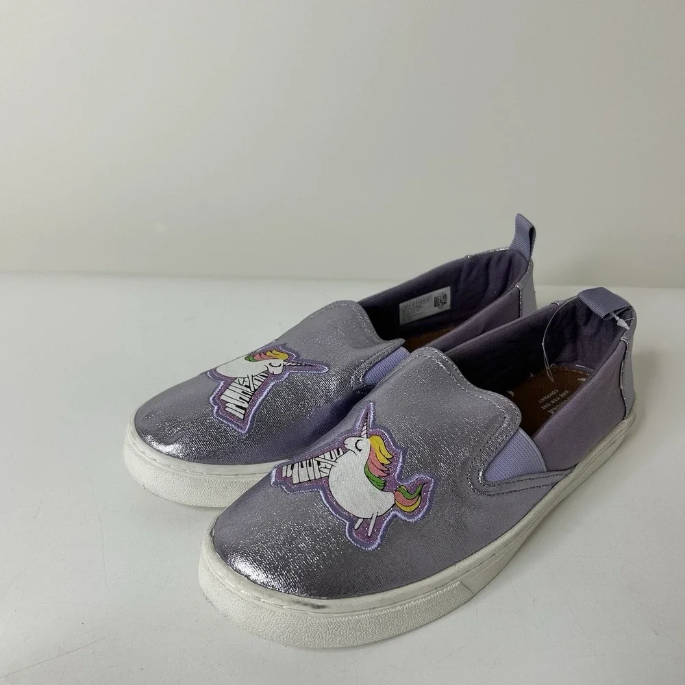 TOMS Shoes Girls 6 Orchid Foil Unicorn Canvas Luca Slip-Ons Lilac Purple Sparkle